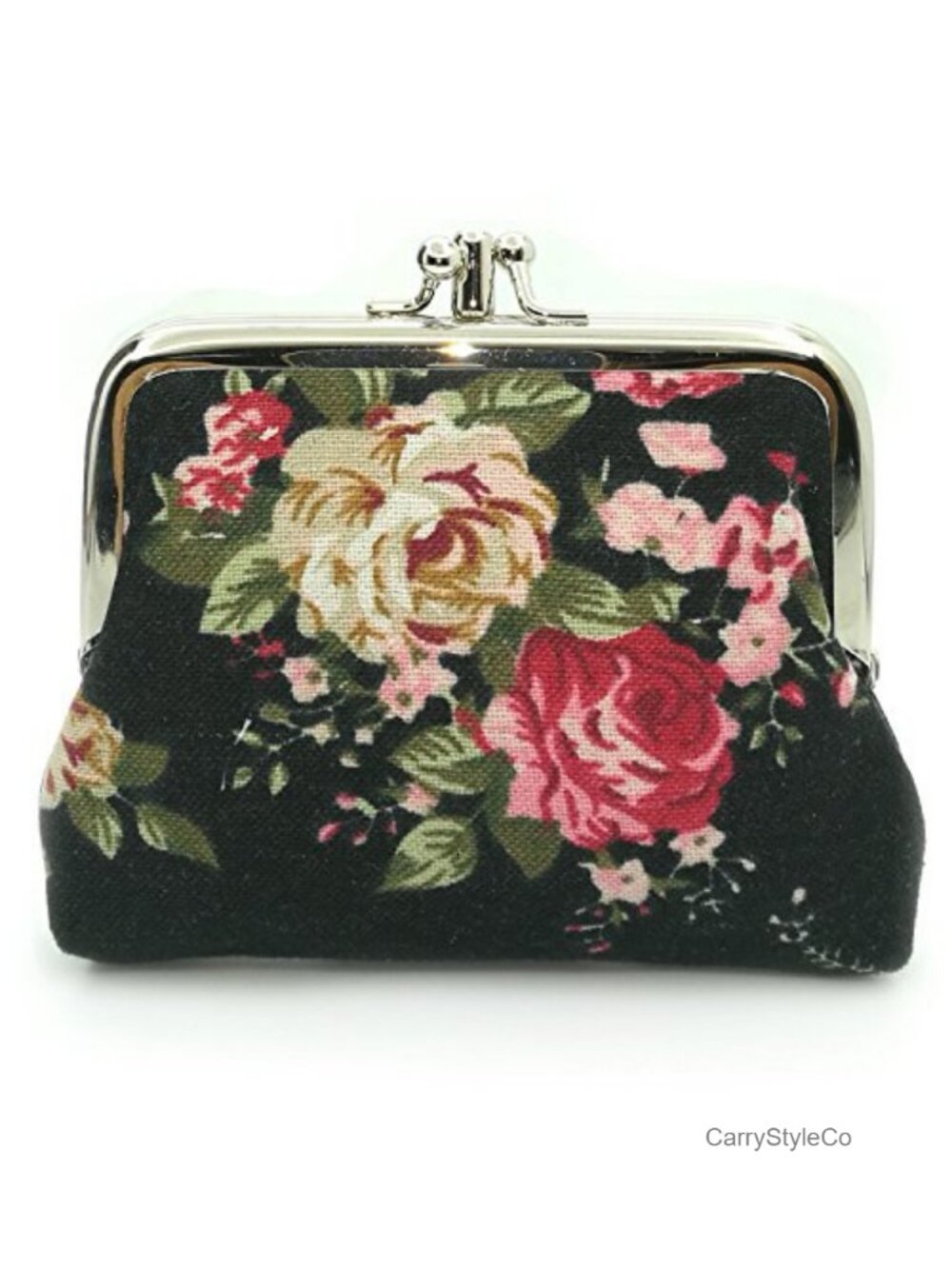 Floral Canvas Kiss Lock Coin Purse Vintage Mini Wallet 2 Compartment